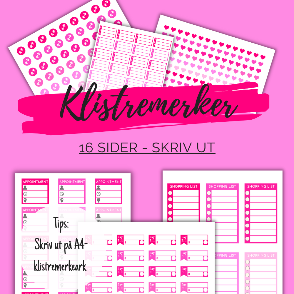 Rosa Klistremerker for Planleggere – 16-siders PDF til Utskrift