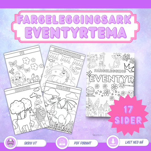 "Printbare eventyr fargeleggingsark for barn med prinsesse, ridder, slott og magiske figurer – nedlastbar PDF."
