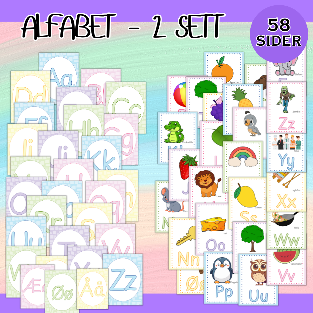 Alfabetplakater – 2 fargerike sett (58 sider)