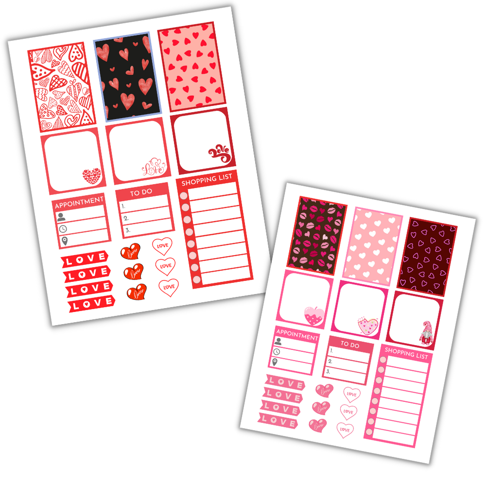 Klistremerker – Hjerte-tema | Utskrivbare Planner Stickers (PDF)