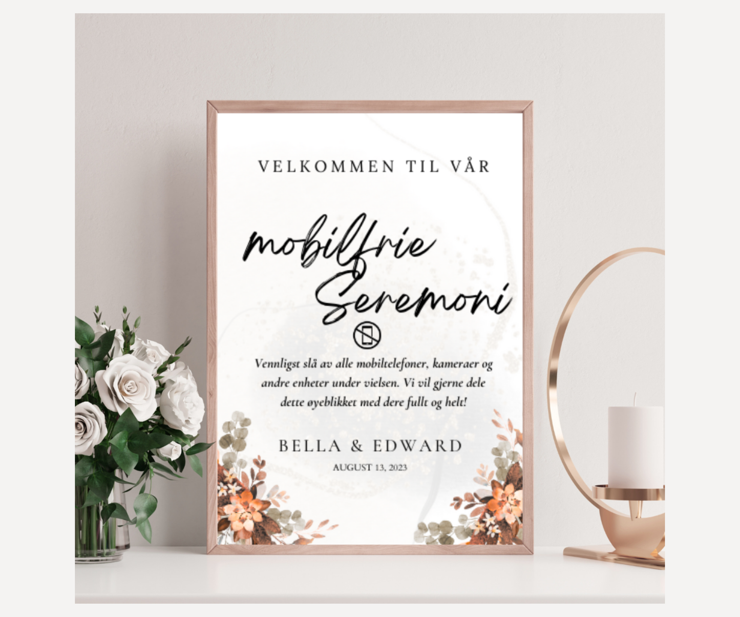 Bryllupspakke høstfarger - invitasjoner, takkekort, bordkort med mer