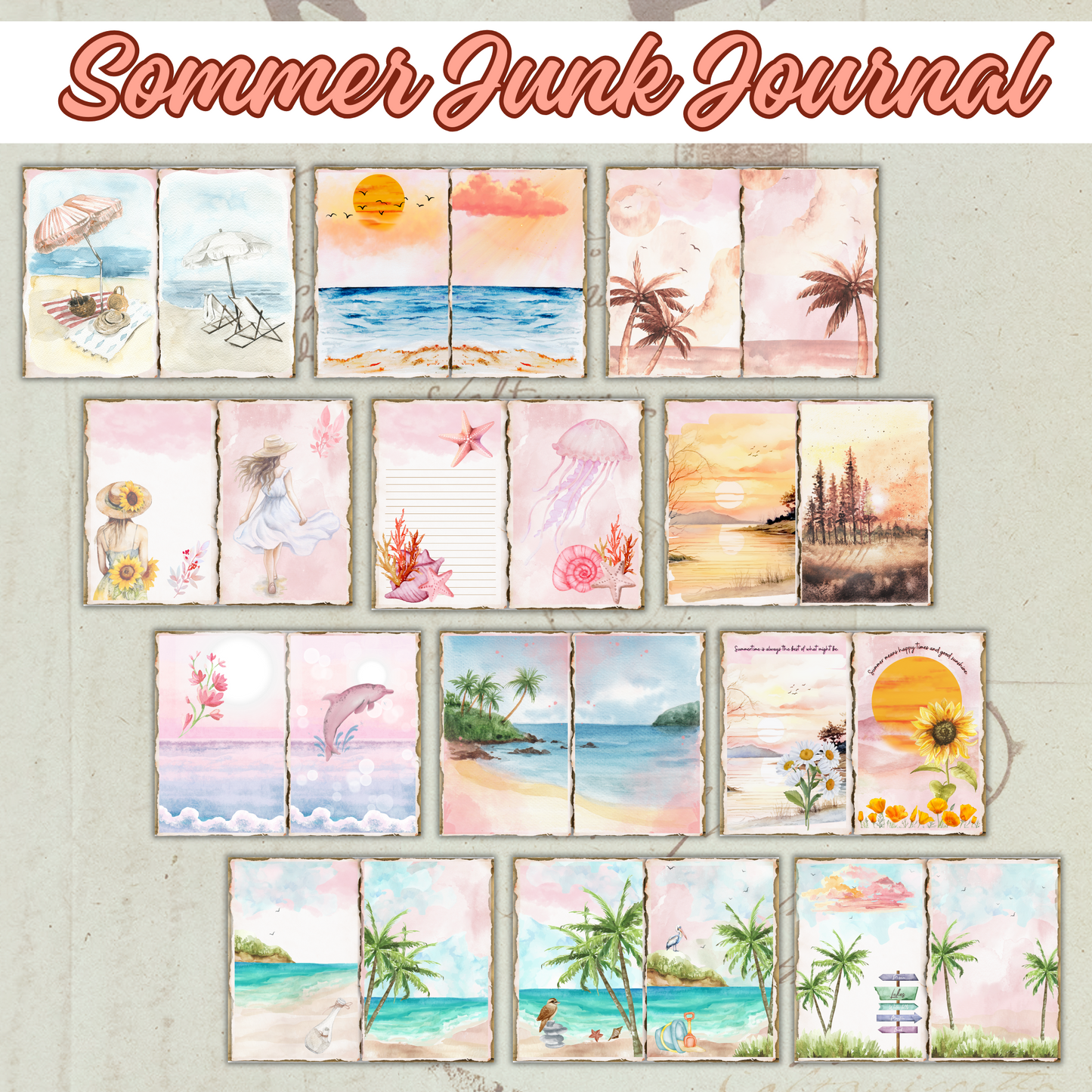 Digitale journalkort for junk journaling – printbare ark med sommermotiv.