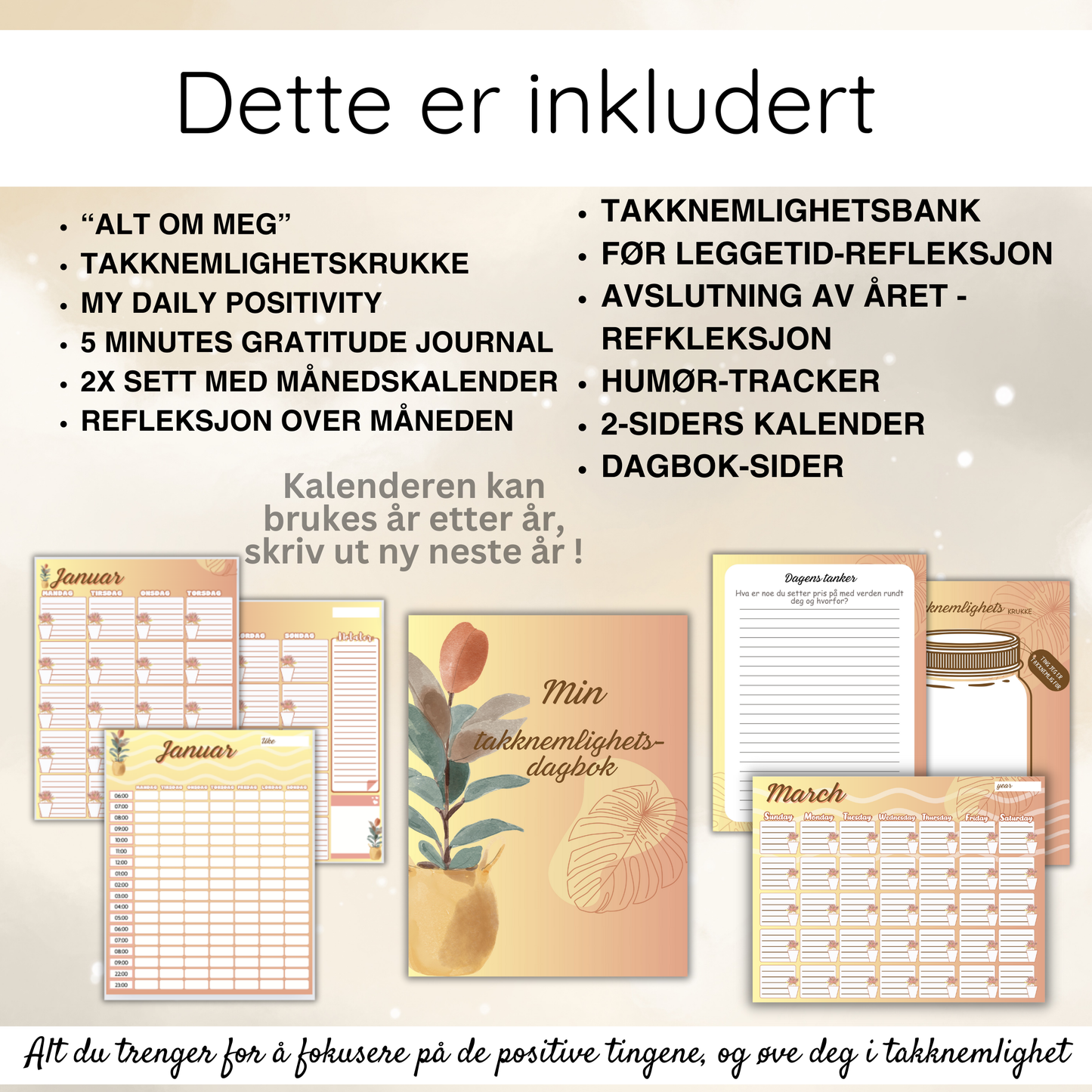 Nedlastbar takknemlighetsdagbok med daglige, ukentlige og månedlige refleksjonssider.