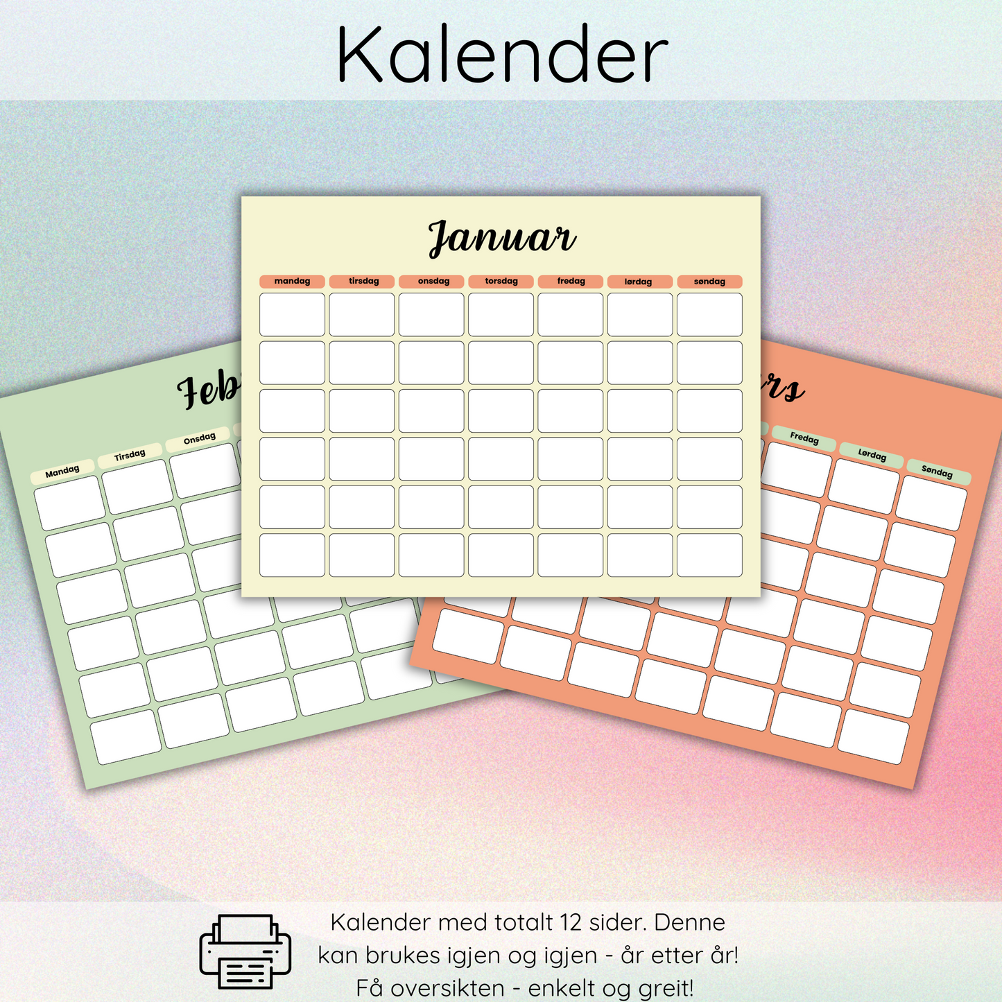 – minimalistisk design for månedlig planlegging hjemme eller på kontoret.