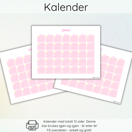 Organiser hverdagen med vår stilrene, printbare rosa evighetskalender. Perfekt for hjem og kontor – last ned og skriv ut så mange ganger du vil!