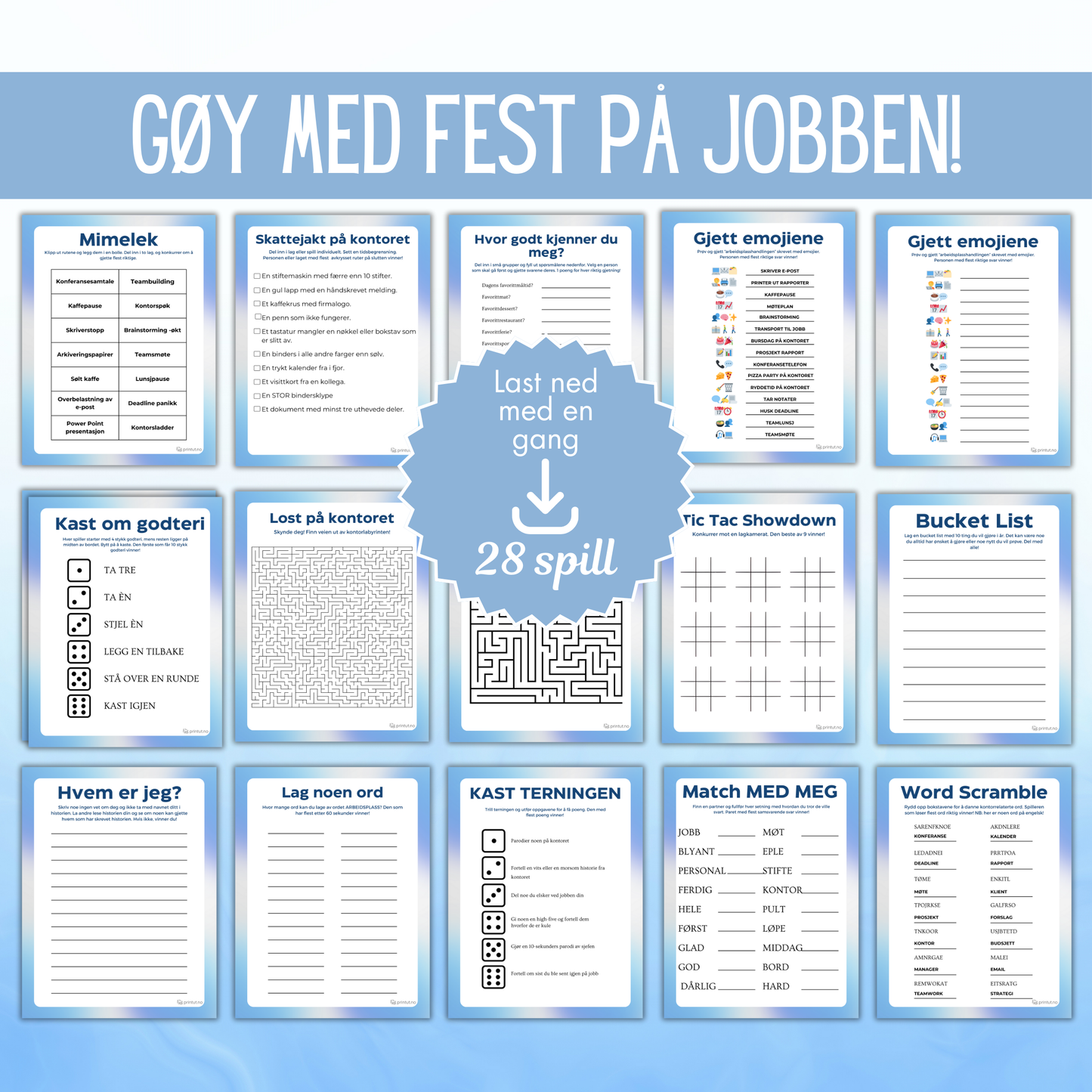 Printbare leker til jobbfesten – isbrytere, quizzer og morsomme aktiviteter for kolleger.