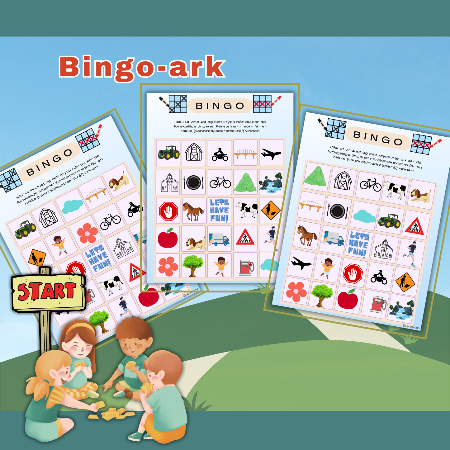 – printbart aktivitetshefte med bilbingo, fargelegging og quiz.