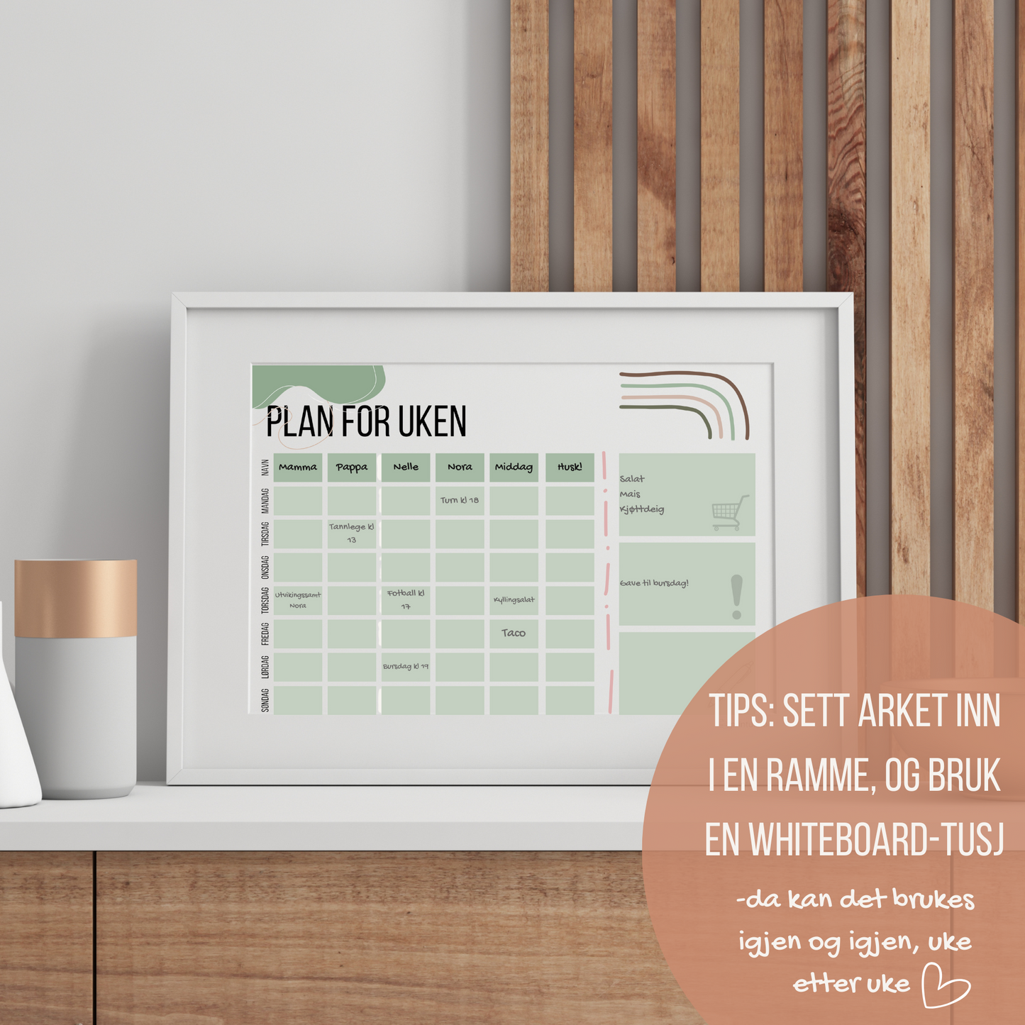 Printbar ukeplanlegger i ramme – bruk en whiteboard-tusj for å planlegge og gjenbruke hver uke. Praktisk løsning for familien.
