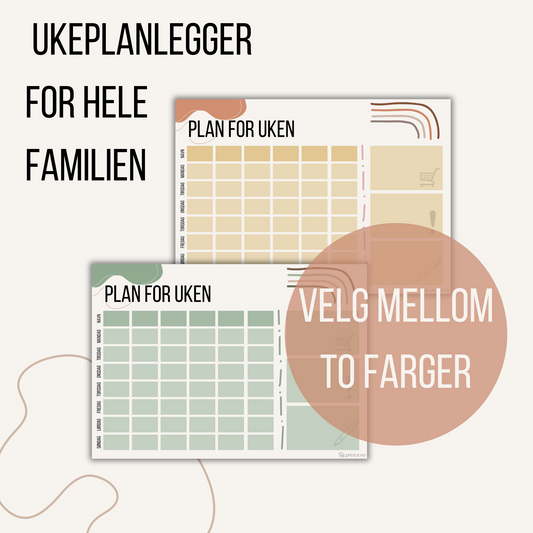 Printbar ukeplanlegger for familien – hold oversikt over aktiviteter, trening, matplan og handleliste. Nedlastbar PDF i to farger.