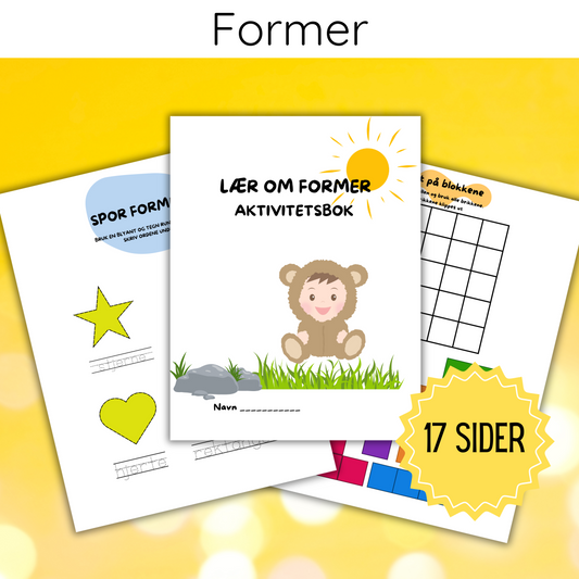 Forsiden av 'Aktivitetsbok GRATIS – 17 sider' med fargerikt design og illustrasjoner av ulike geometriske former.