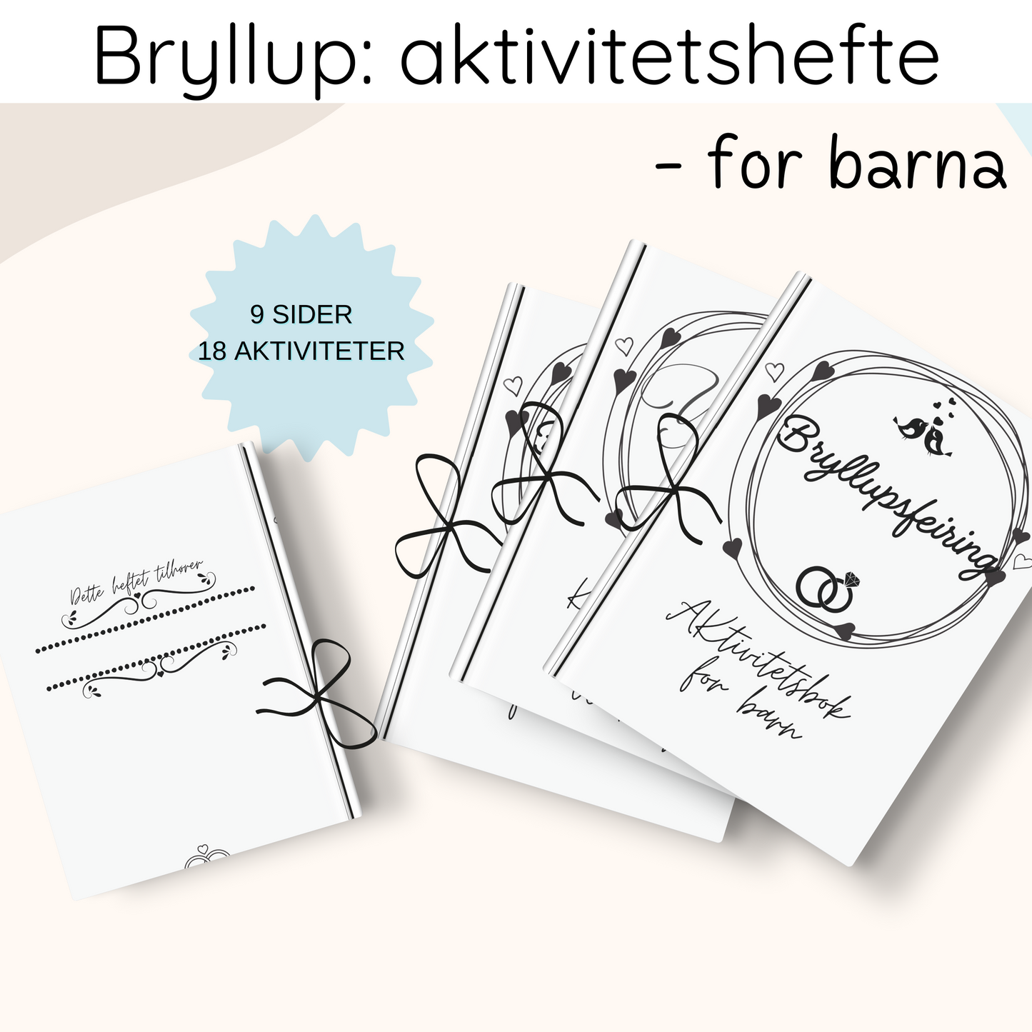 Forsiden av 'Aktivitetshefte til barn i bryllup' med et lekent design som inviterer barna til å delta i morsomme aktiviteter under bryllupet.