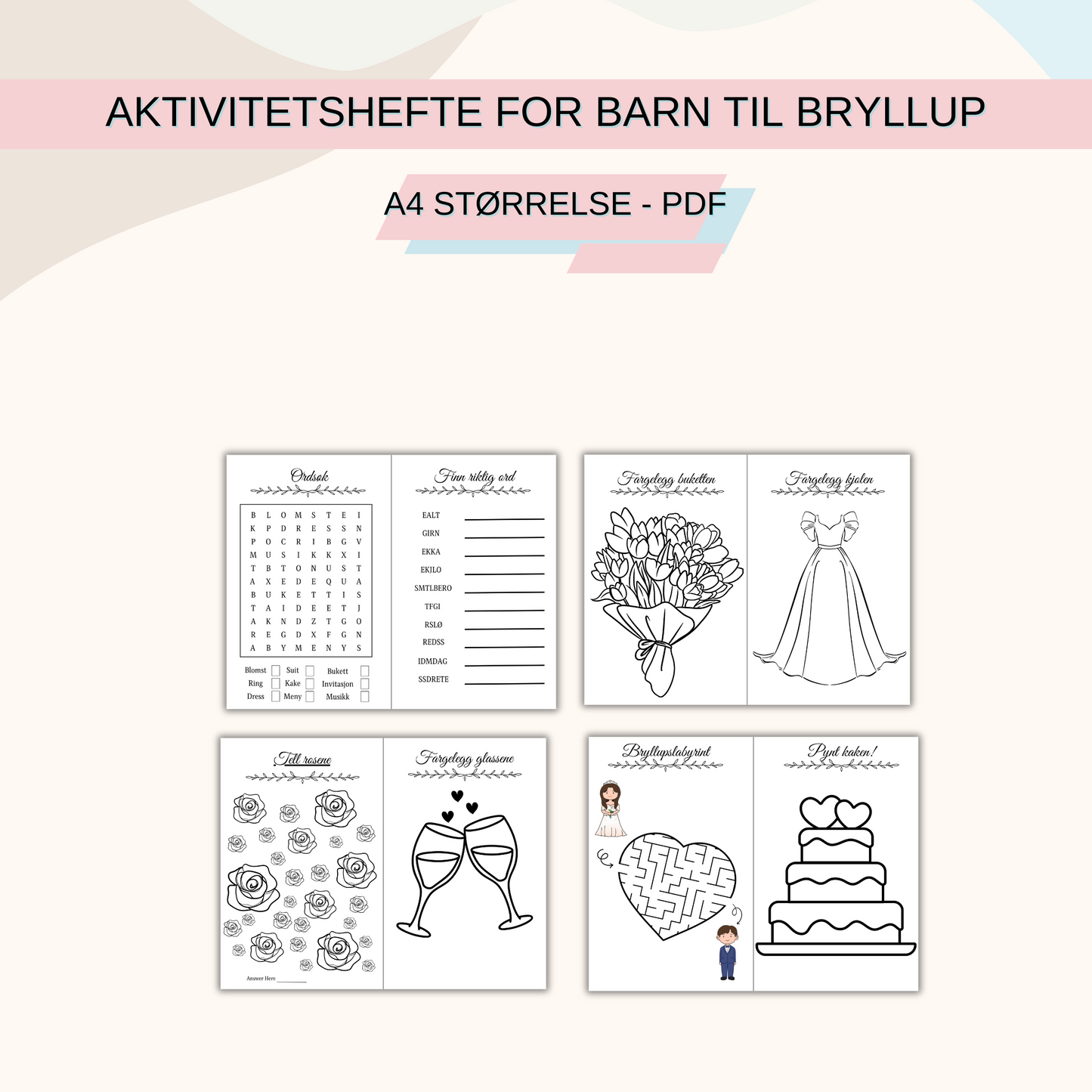Side fra heftet med en labyrintoppgave der barna skal hjelpe brudeparet med å finne veien til alteret.