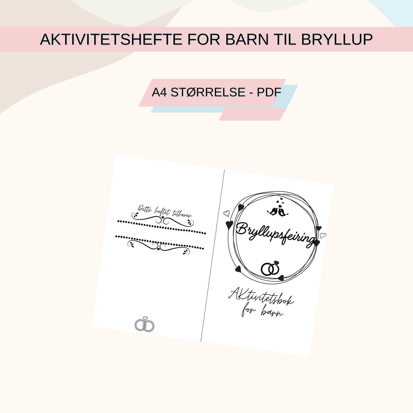 Eksempelside fra heftet som viser en ordsøk-oppgave med bryllupsrelaterte ord for barna å finne.