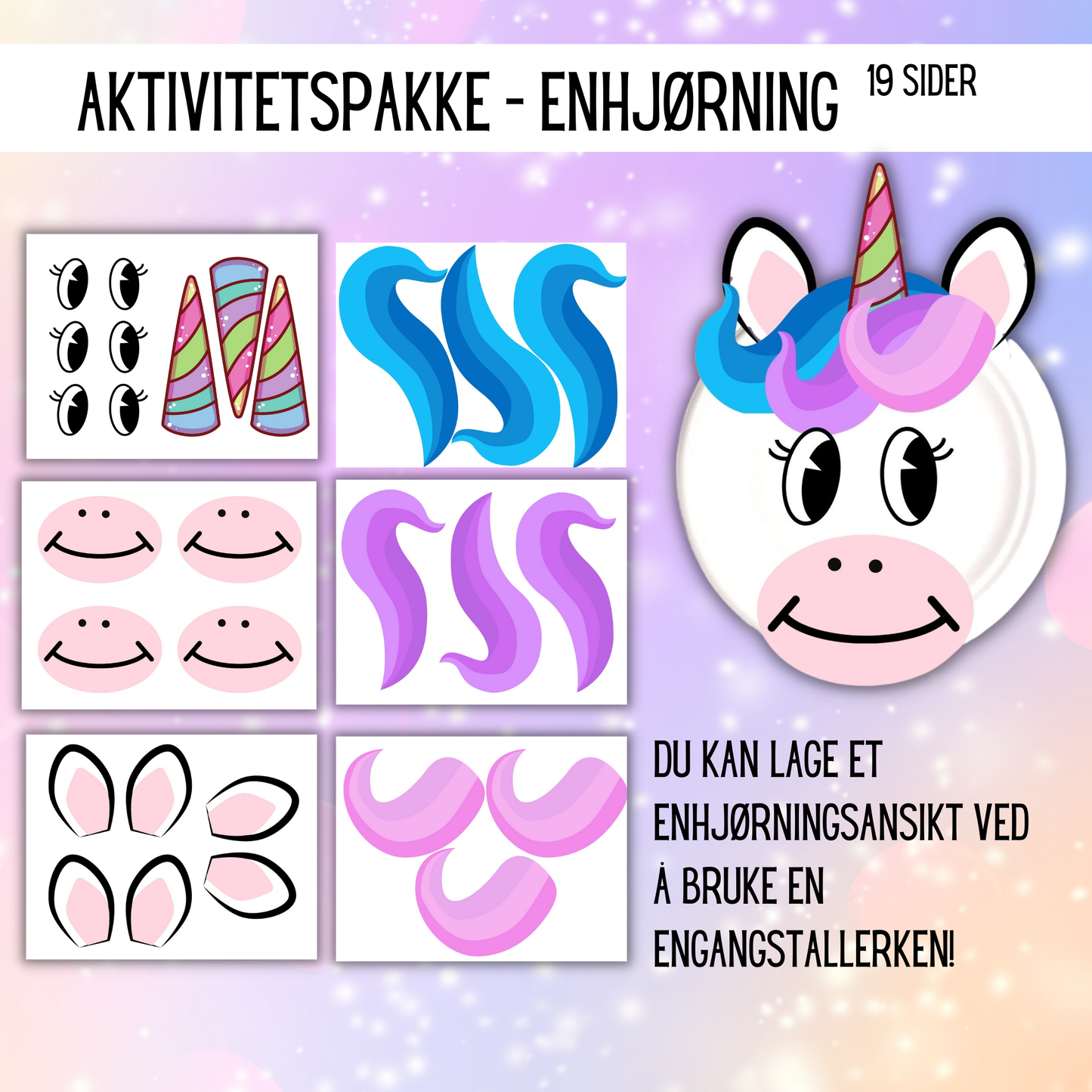Mal for enhjørning fingerdukker som barna kan lage og bruke i lek.