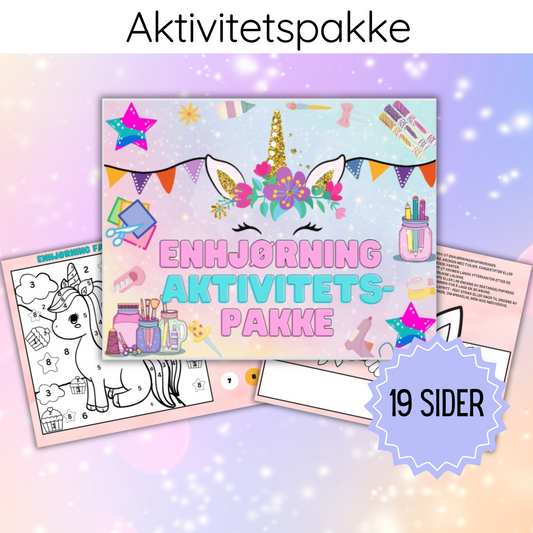 Forsiden av 'Aktivitetspakke med enhjørningstema' som viser et fargerikt design med ulike enhjørningsaktiviteter.