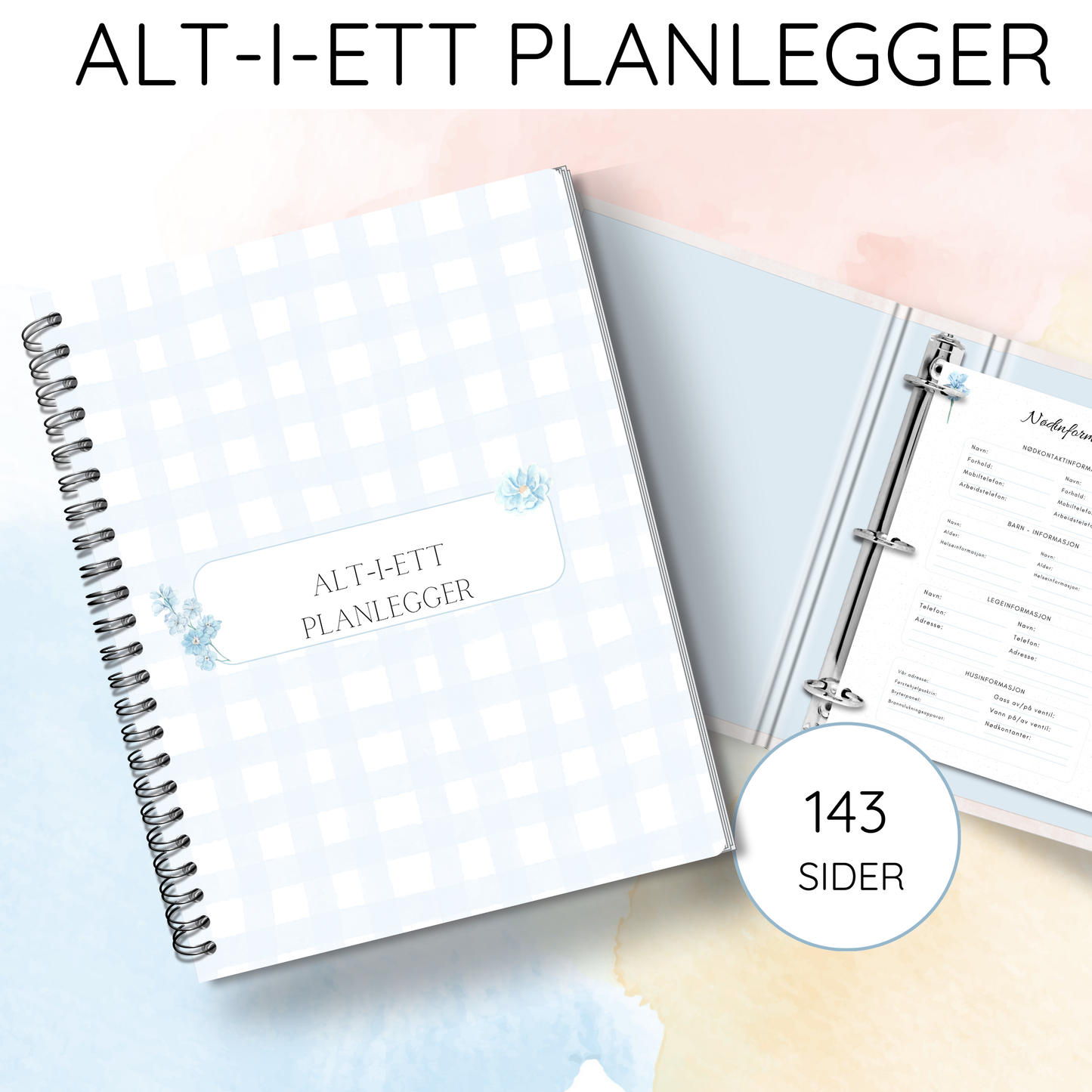 Forsiden av 'Alt-i-ett planlegger – blå – 143 sider' med elegant design og tittelen tydelig vist.