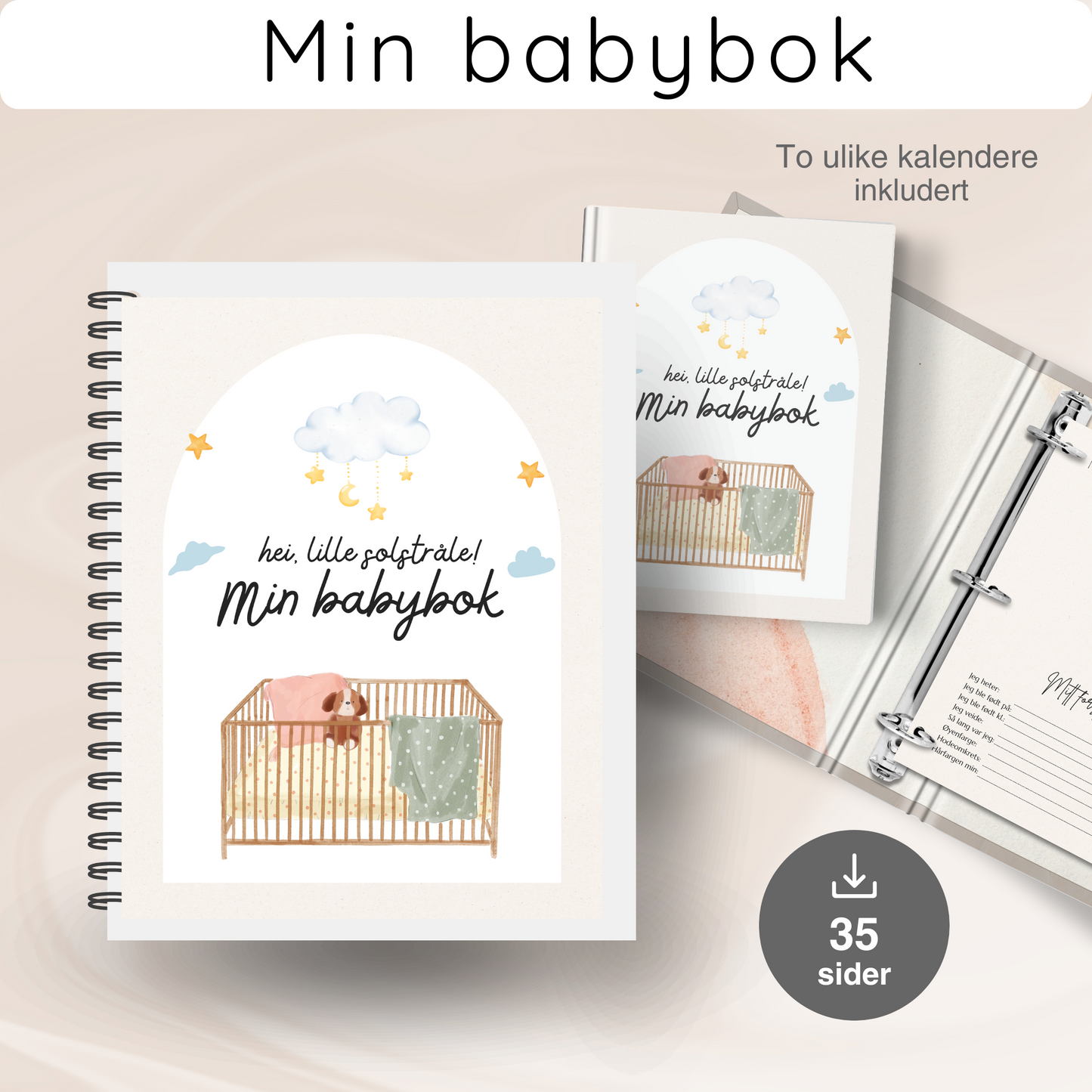 Forsiden av 'Babybok – 2 kalendere inkludert' med et koselig design som inviterer til å forevige barnets første øyeblikk.