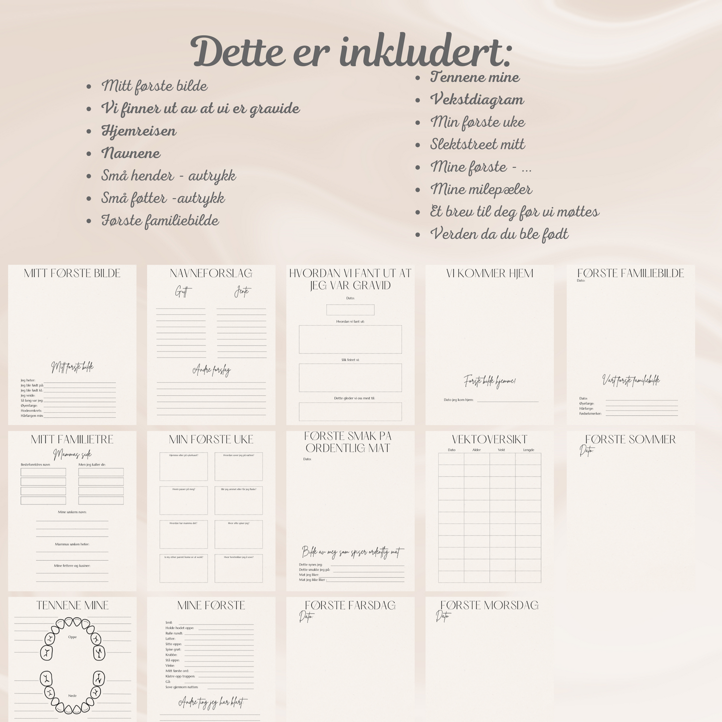 Eksempelside som viser plass til å skrive ned minner og lime inn bilder fra barnets første dager.