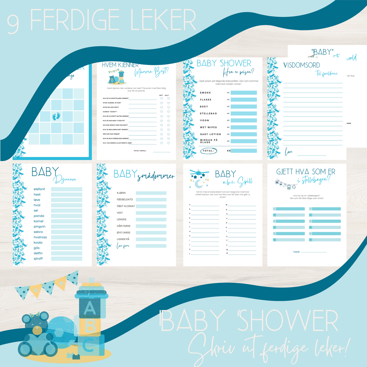 Forsiden av 'Babyshower – 9 leker – blå' med illustrasjoner av festlige elementer og spillkort.