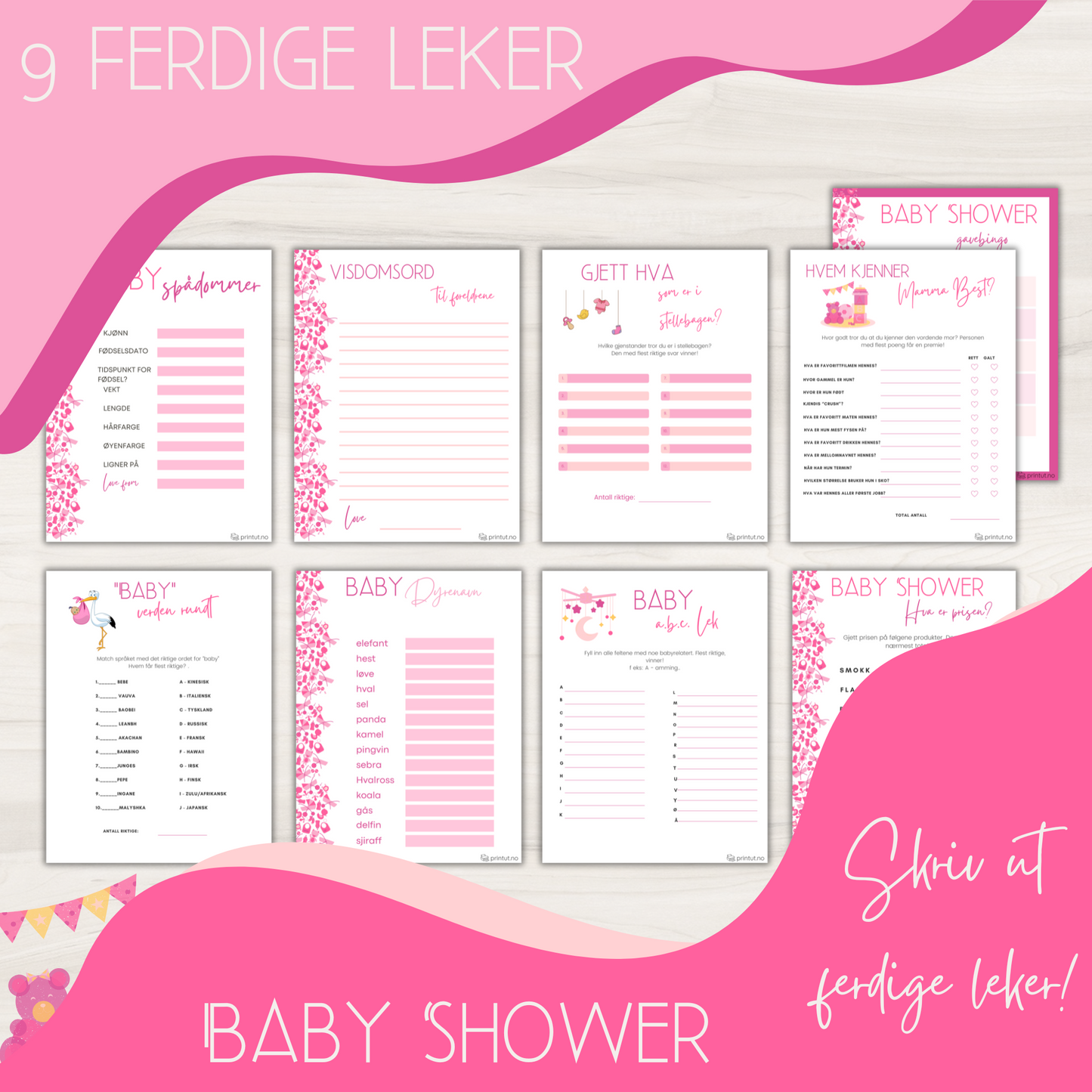 Forsiden av 'Babyshower – 7 leker' med illustrasjoner av festlige elementer og spillkort.