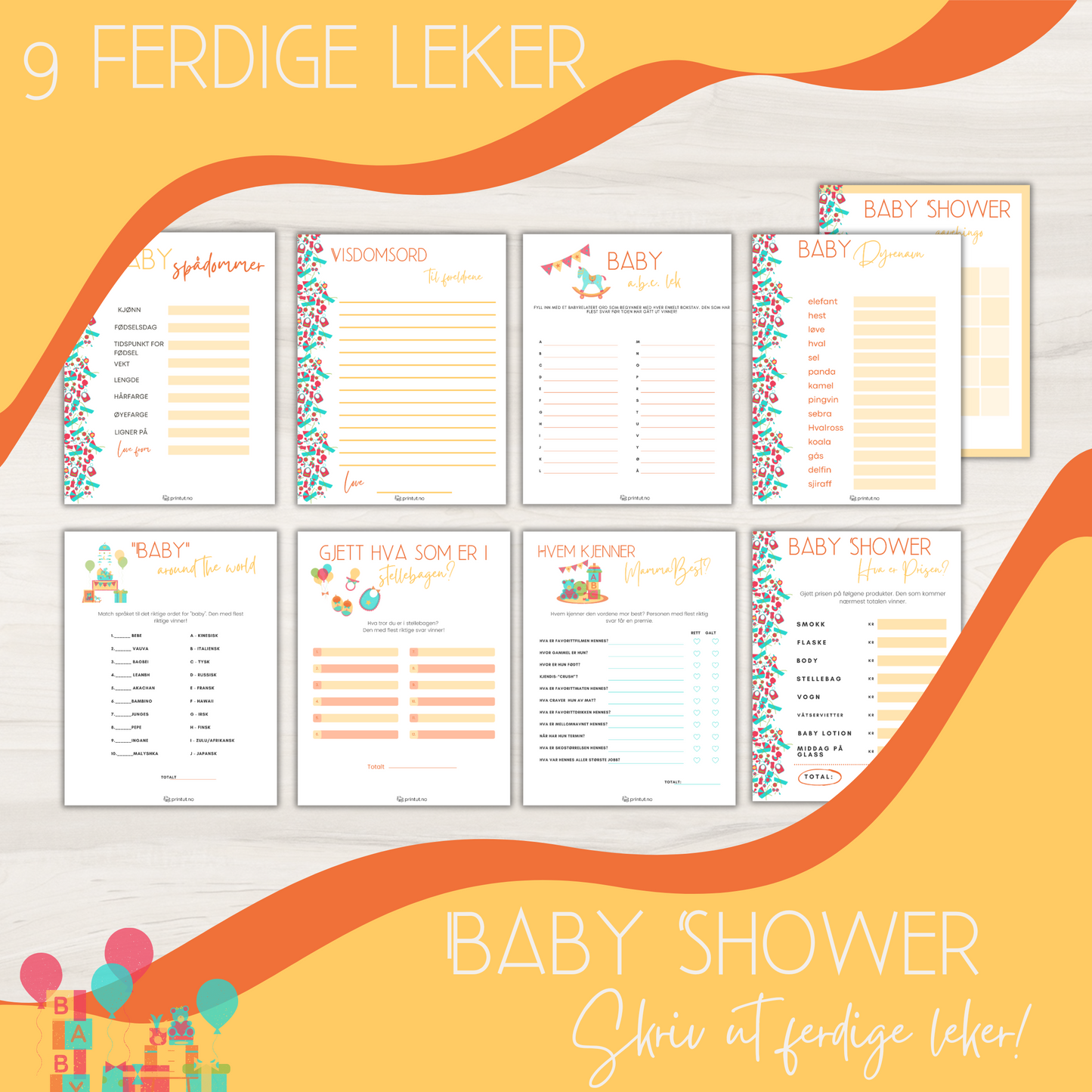 Forsiden av 'Babyshower – 9 leker – oransje' med illustrasjoner av festlige elementer og spillkort.