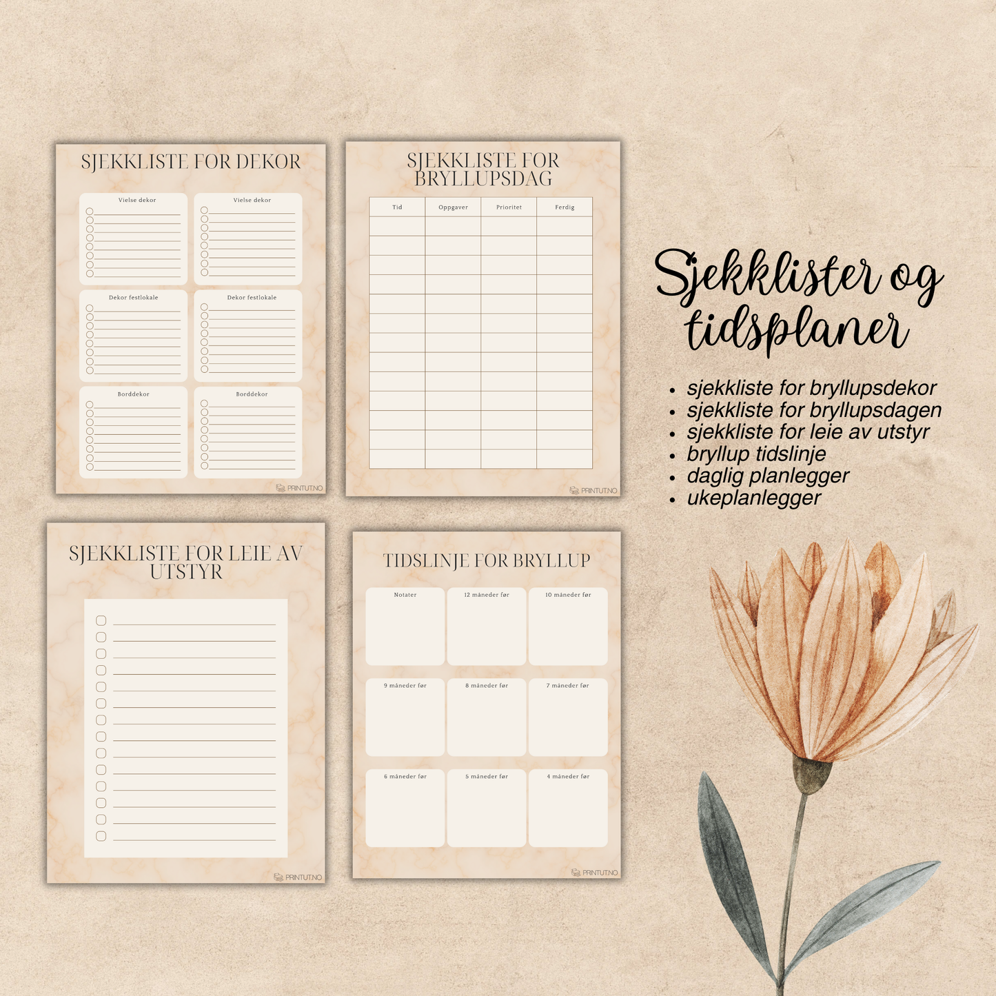 Budsjettoversikt-side fra bryllupsplanleggeren med detaljerte kostnadsposter.