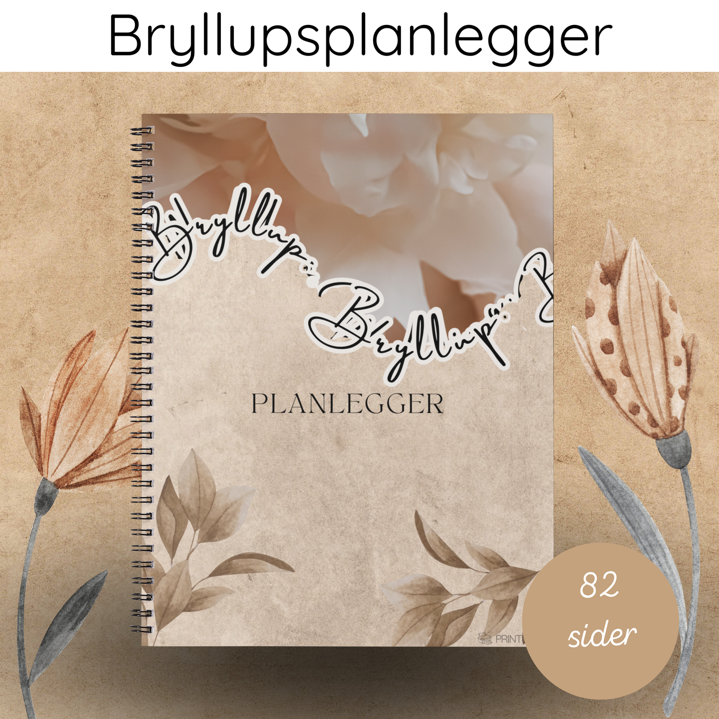 Forsiden av 'Bryllupsplanlegger beige – 82 sider' med elegant design og tittelen tydelig vist.