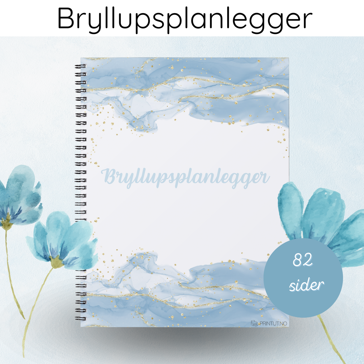 Forsiden av 'Bryllupsplanlegger blå – 82 sider' med elegant design og tittelen tydelig vist.