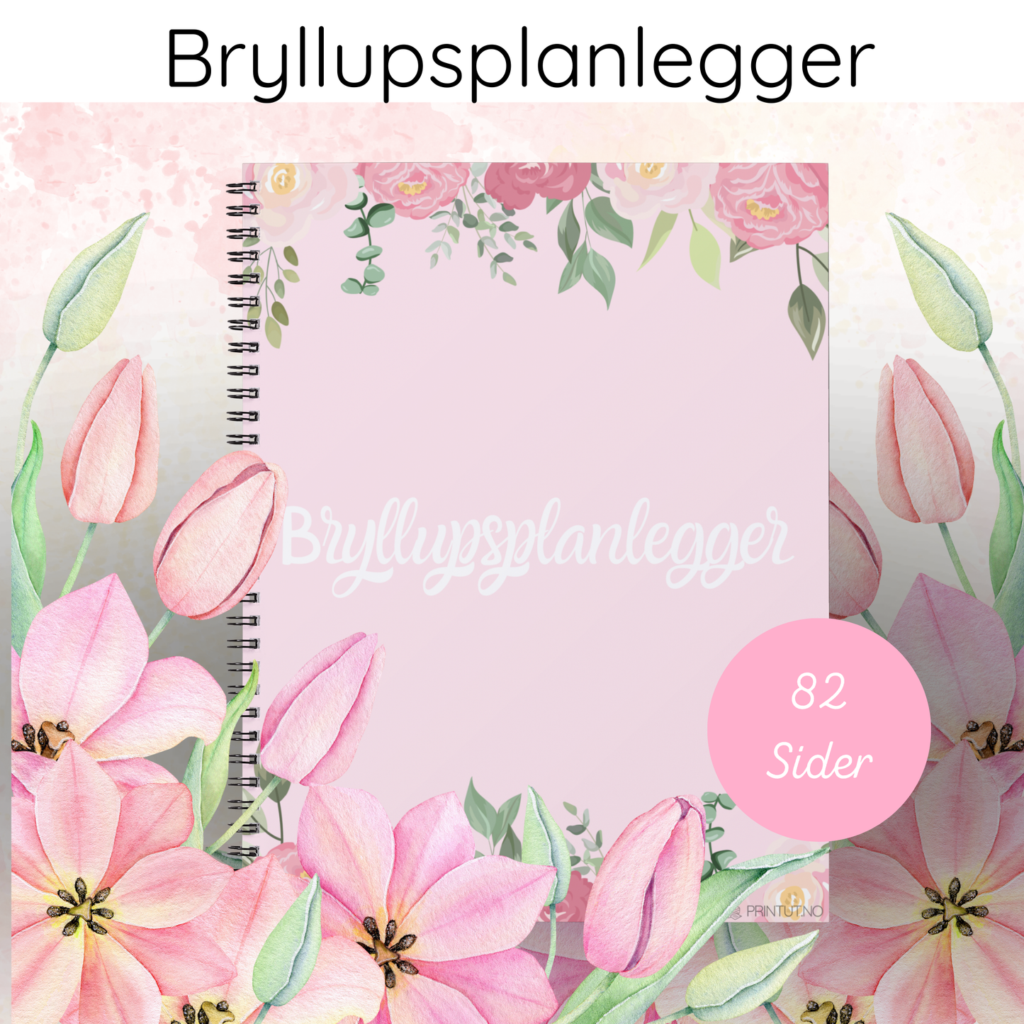 Forsiden av 'Bryllupsplanlegger rosa – 82 sider' med elegant design og tittelen tydelig vist.