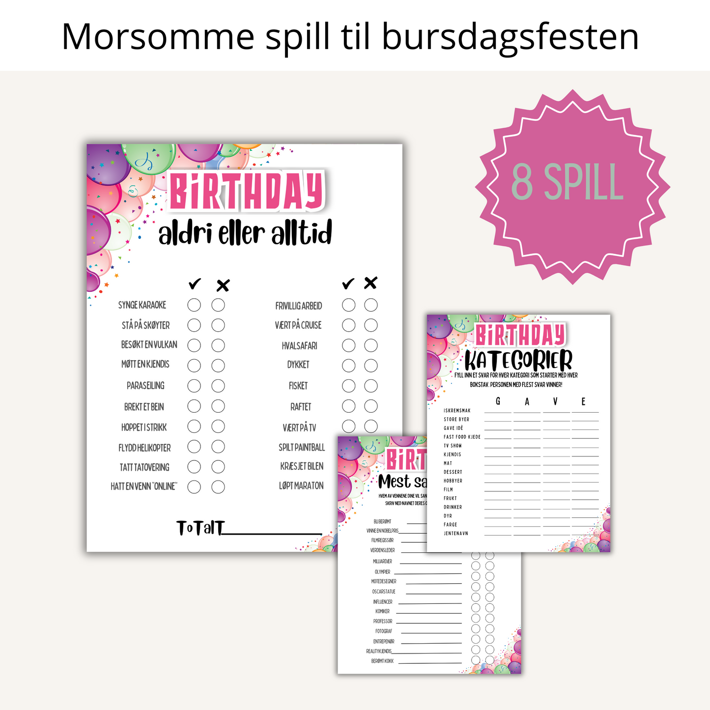 Oversikt over spillene inkludert i 'Bursdagsfest for henne (voksen)', som selfie-skattejakt og gjeste-BINGO.