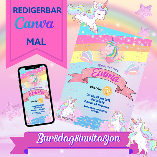Forsiden av 'Bursdagsinvitasjon enhjørning' med fargerikt enhjørningstema-design, inkludert en søt enhjørning og regnbueelementer.