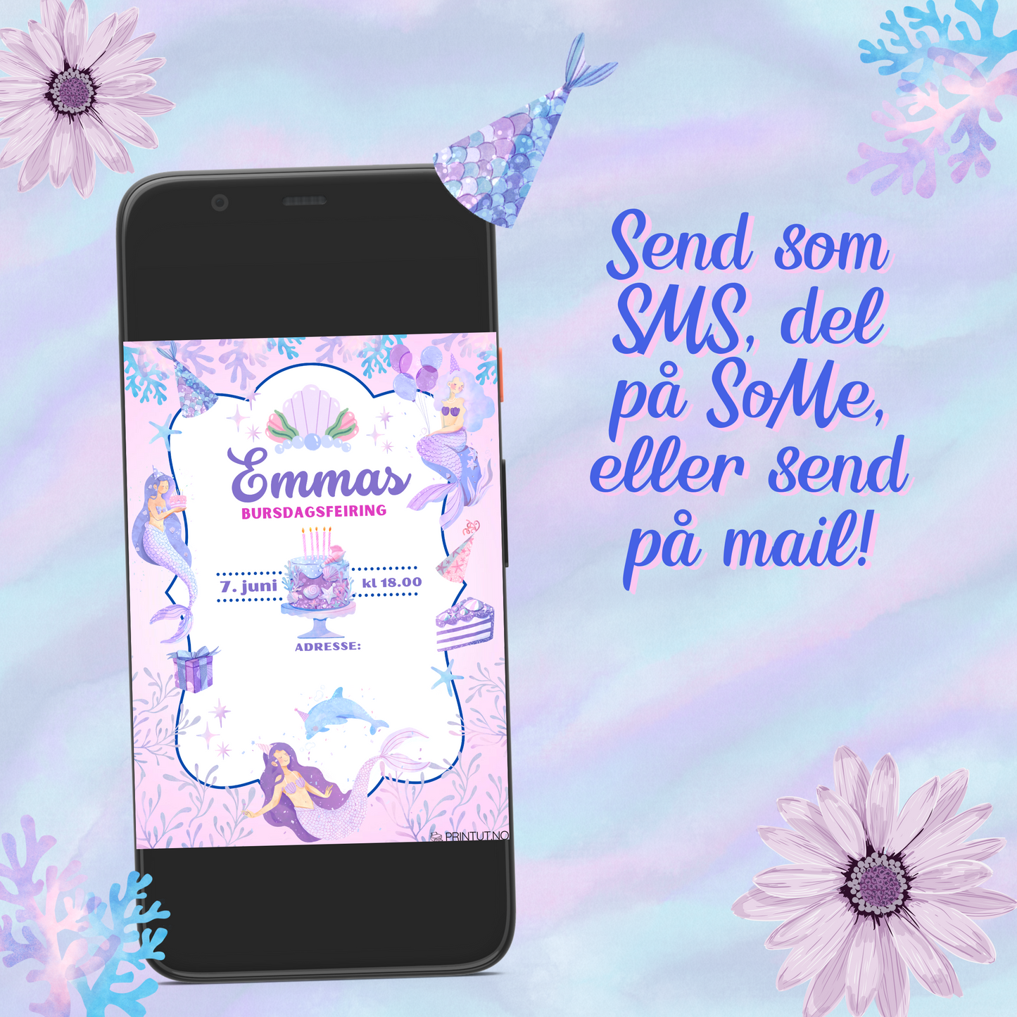 viser hvordan invitasjonen ser ut på mobilen, og kan sende på sms, some, eller på mail