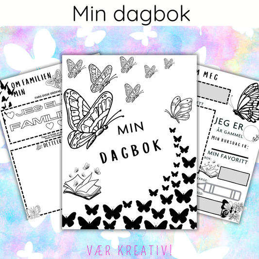 Forsiden av 'Dagbok – sommerfugl' med fargerike sommerfuglillustrasjoner og tittelen 'Min dagbok'.