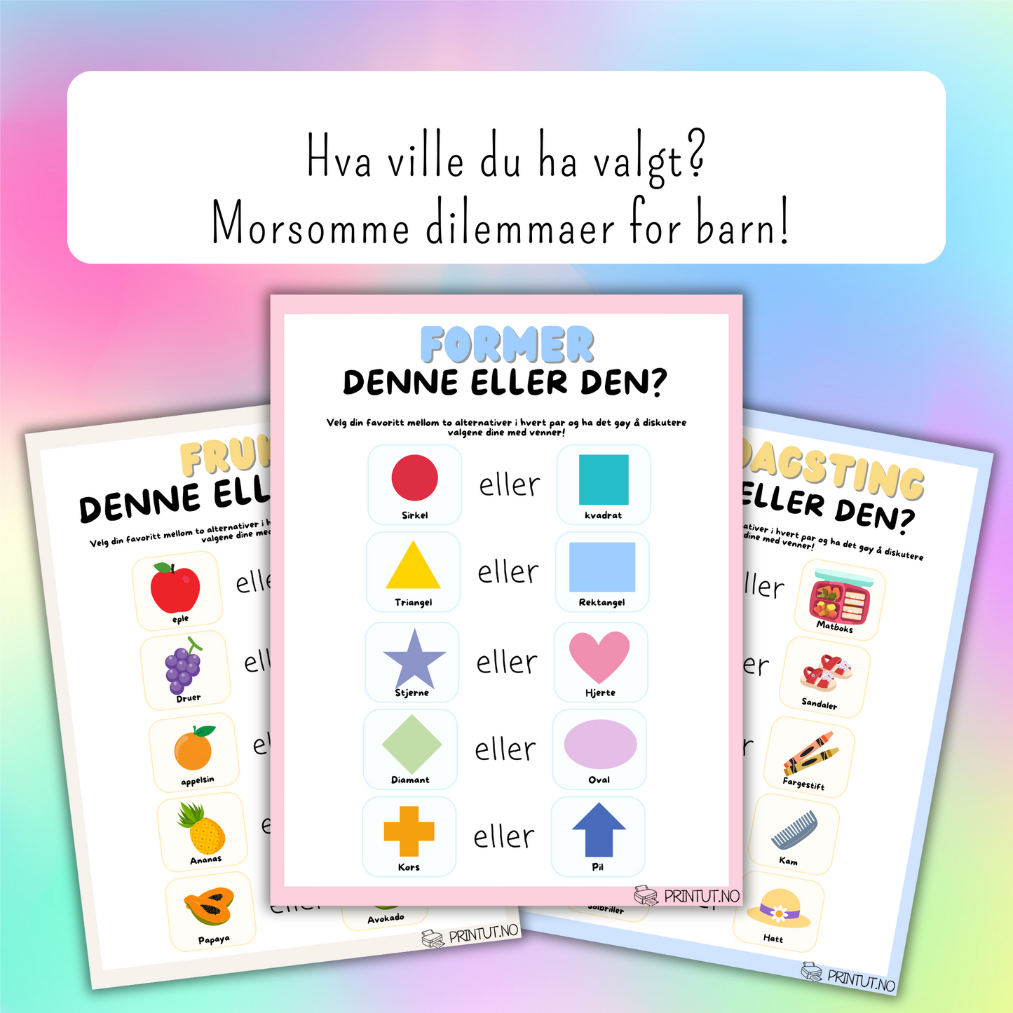 Side fra heftet som viser ulike aktiviteter og valg relatert til temaer som dyr og mat.