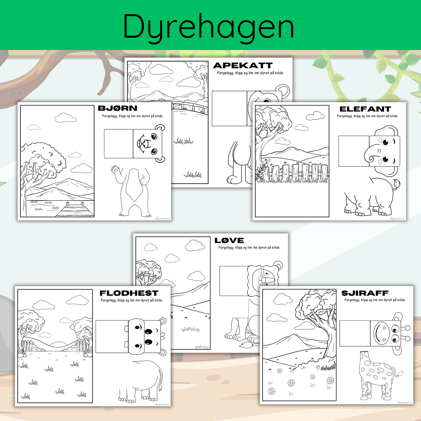 Eksempelside fra 'Dyrehage – Farg, klipp og lim' som viser et dyr klart for fargelegging, klipping og liming.