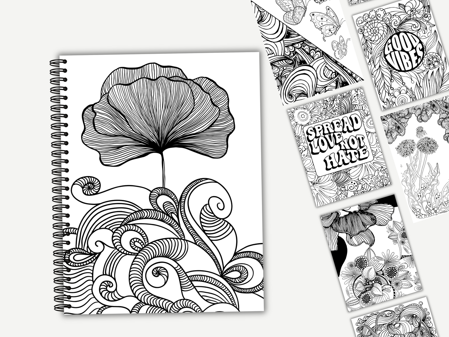 Forsiden av 'Fargelegging blomster/abstrakt' med flere elegante, detaljerte fargeleggingsmotiver i svart-hvitt.