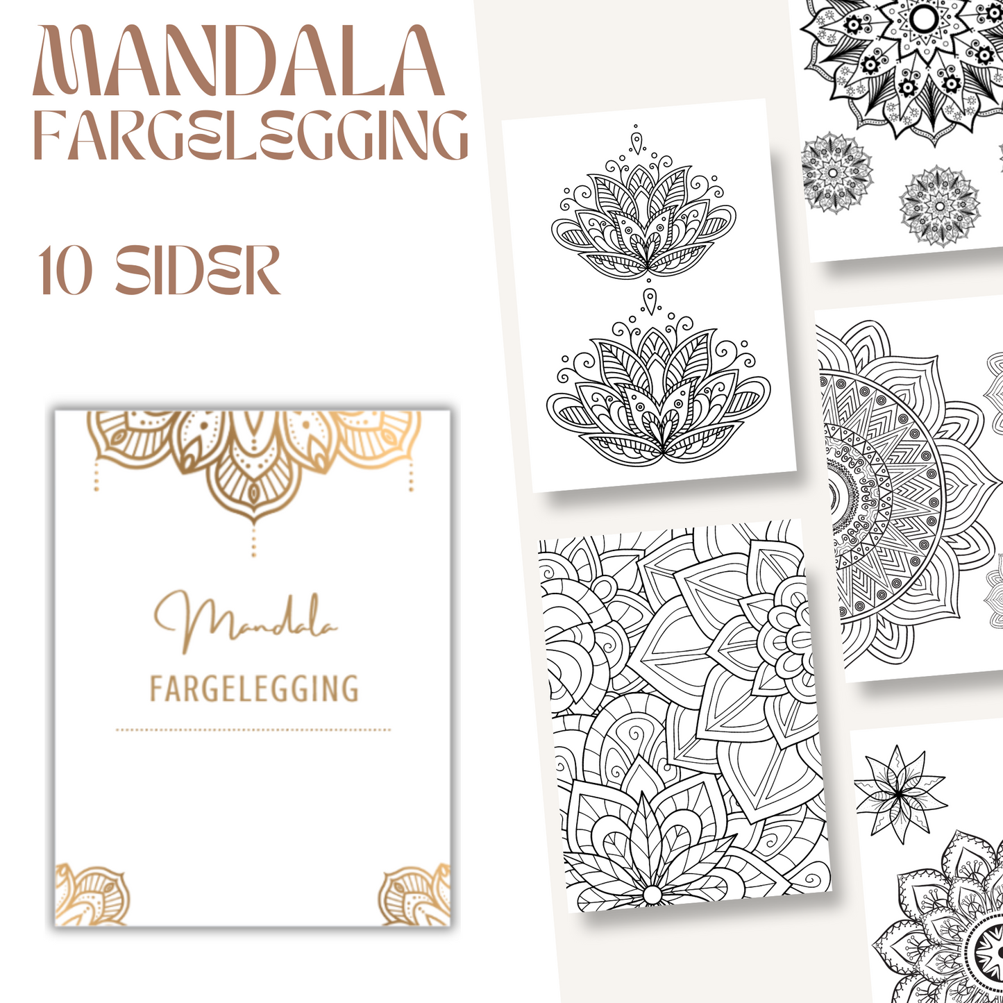 Forsiden av 'Fargelegging Mandala – 10 sider' med oversikt over flere detaljerte mandalamønstre i svart-hvitt.