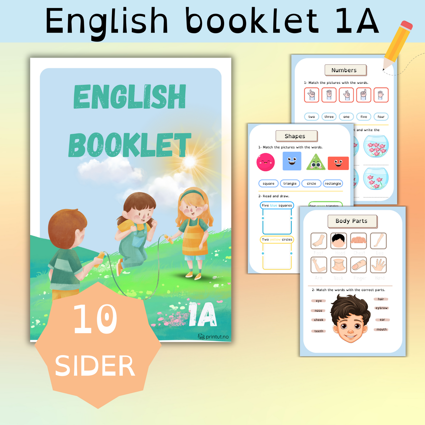 Viser forsiden av english booklet, engelsk hefte, med tre sider som viser litt av innholdet. Nubmers, shapes og body parts