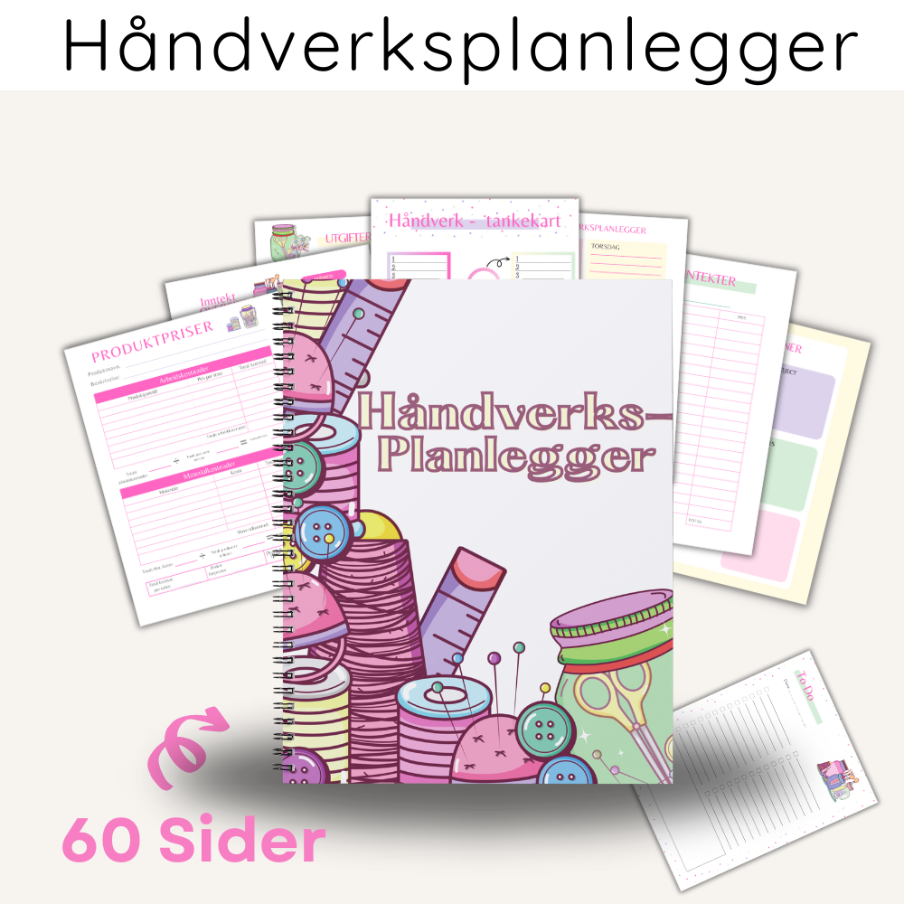 Forsiden av 'Håndverksplanlegger / Craft Planner – 60 sider' med et elegant design som fremhever kreativitet og organisering.
