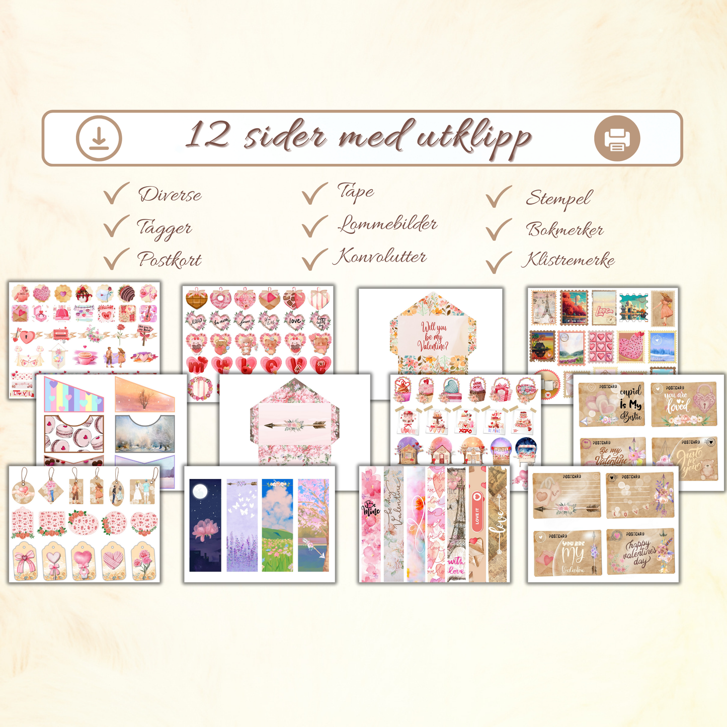 Nærbilde av de dekorative elementene som klistremerker og tagger i rosa design.