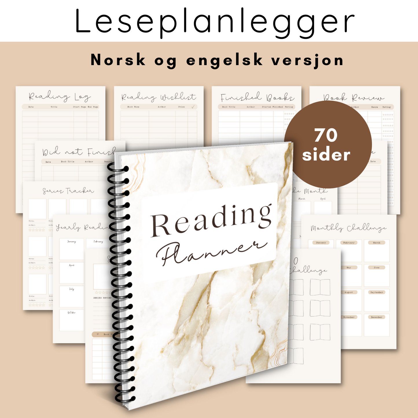 Forsiden av 'Leseplanlegger/dagbok beige' med elegant beige design og tittelen tydelig vist.