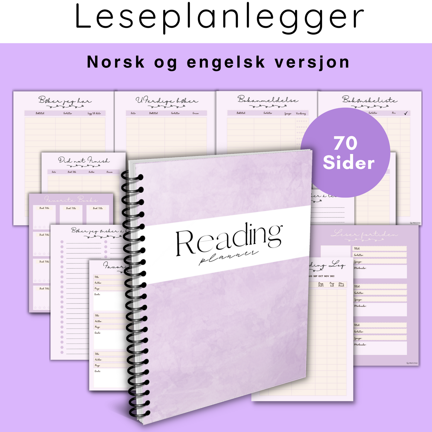 Forsiden av 'Leseplanlegger/dagbok lilla, 70 sider' med elegant lilla design og tittelen tydelig vist.