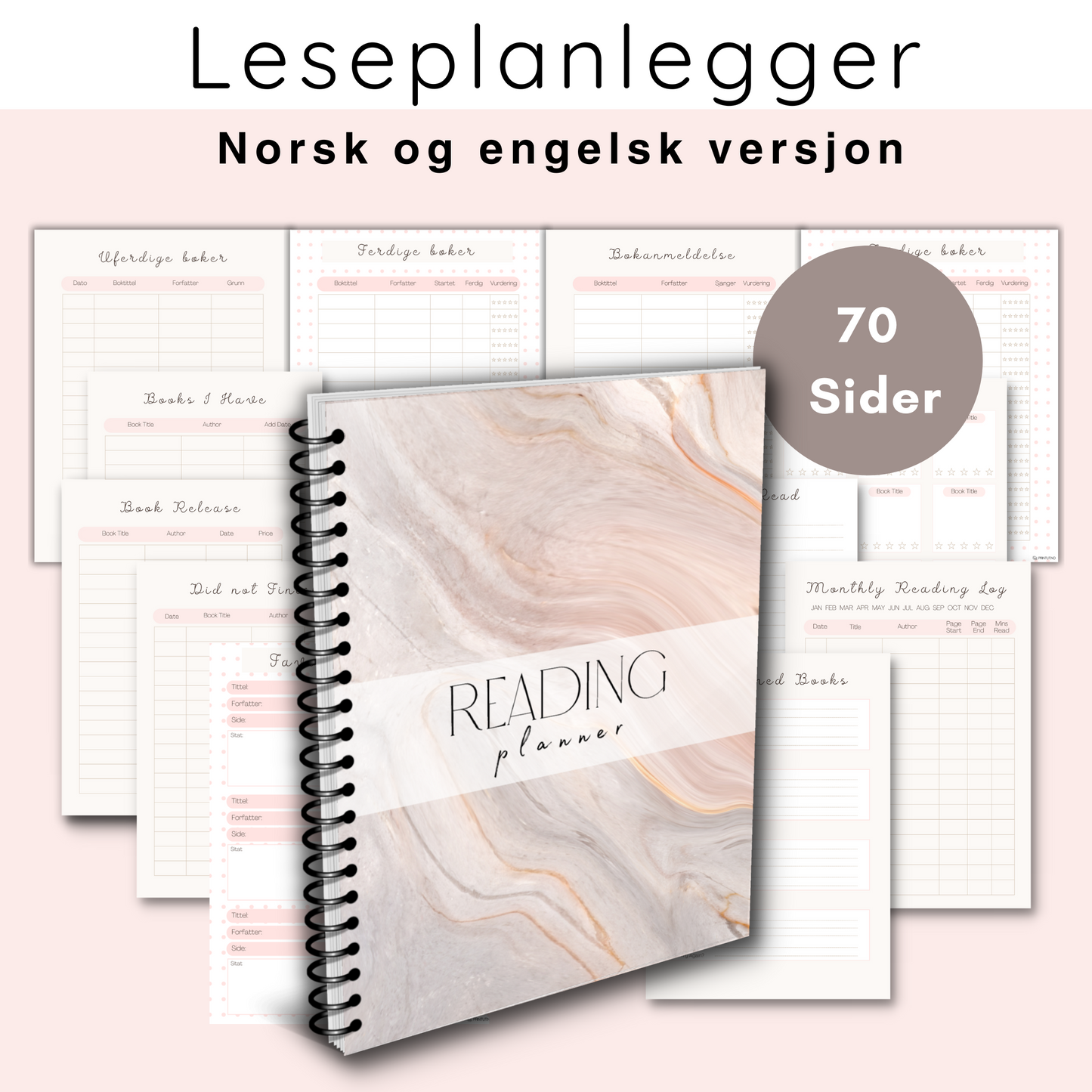 Forsiden av 'Leseplanlegger/lesedagbok norsk/engelsk versjon' med elegant design og tittelen tydelig vist.