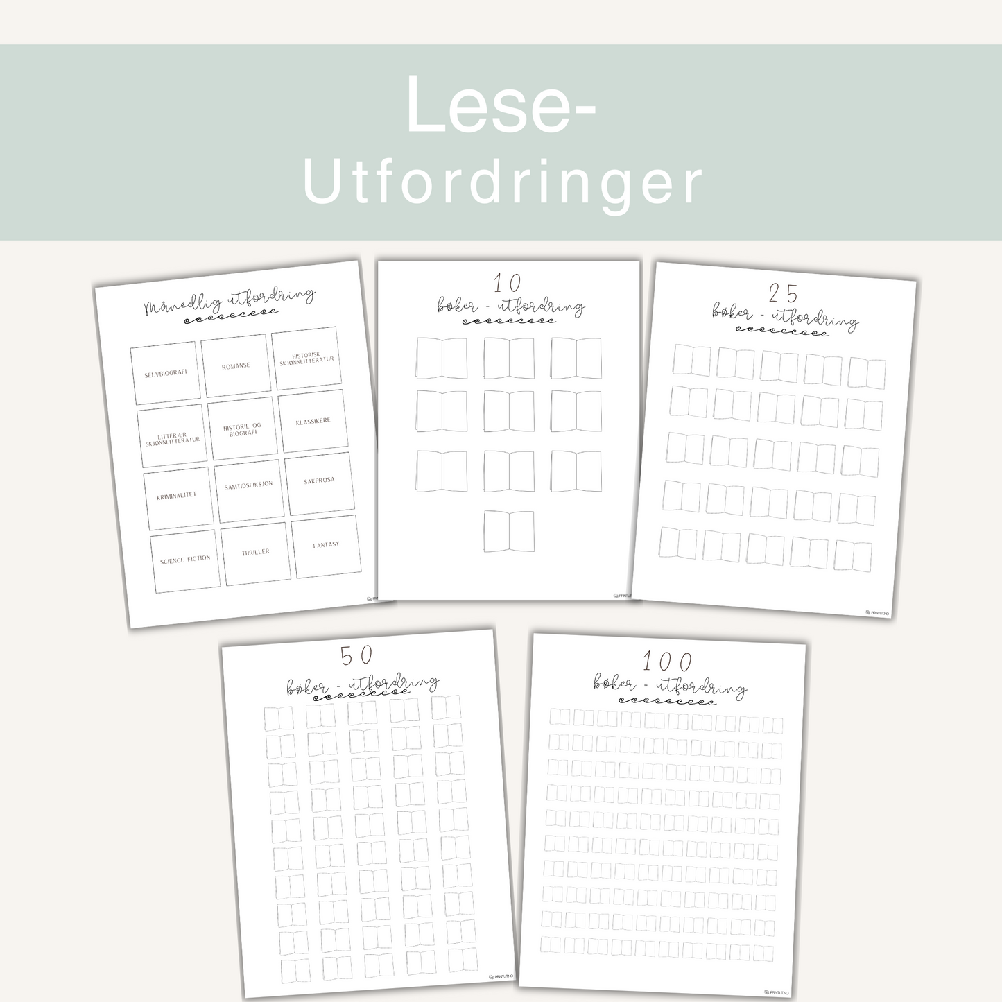 Side med leseutfordringer som oppmuntrer til å utforske nye sjangre og forfattere.