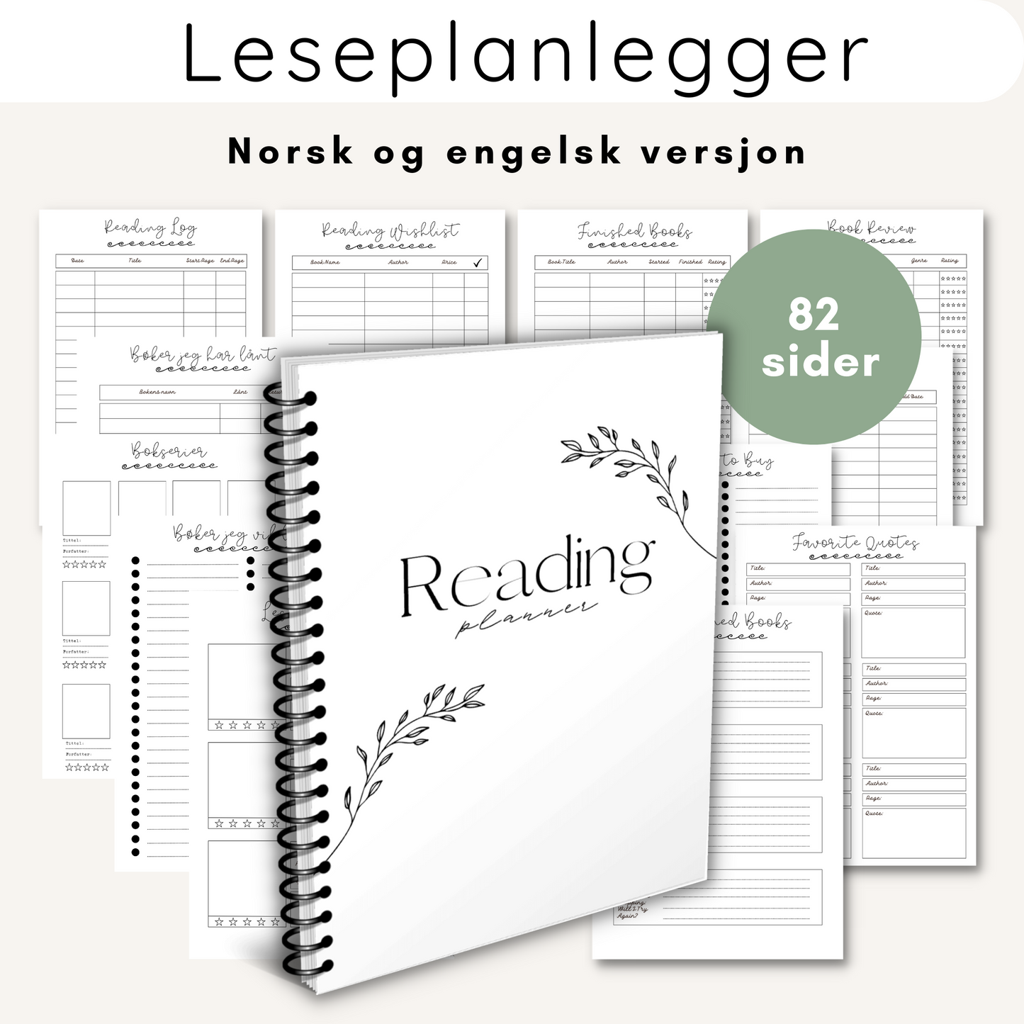 Forsiden av 'Leseplanlegger/lesedagbok norsk/engelsk versjon' med elegant design og tittelen tydelig vist.