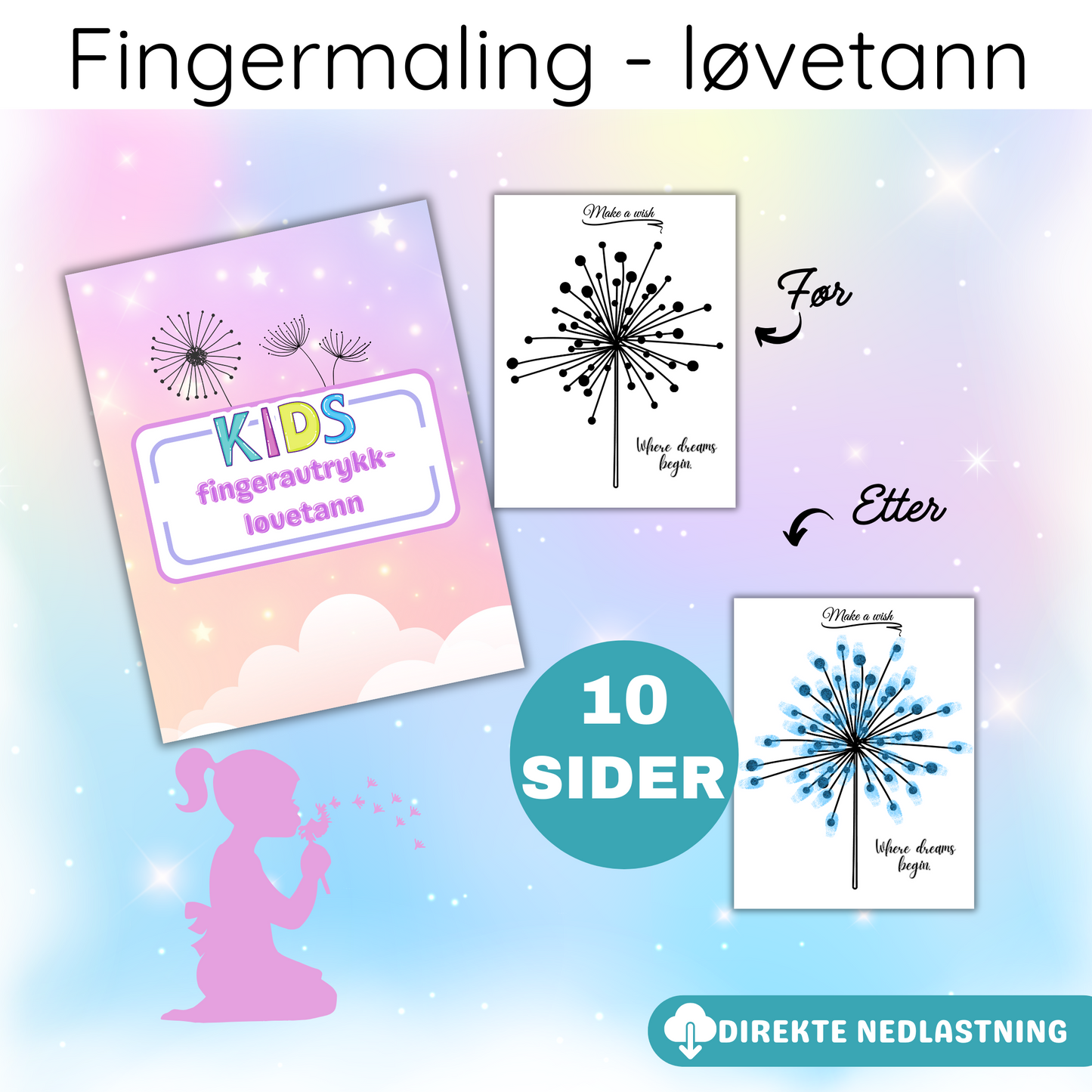 Eksempelside som viser hvordan barn kan bruke fingermaling for å legge til fargerike frø rundt løvetannen.