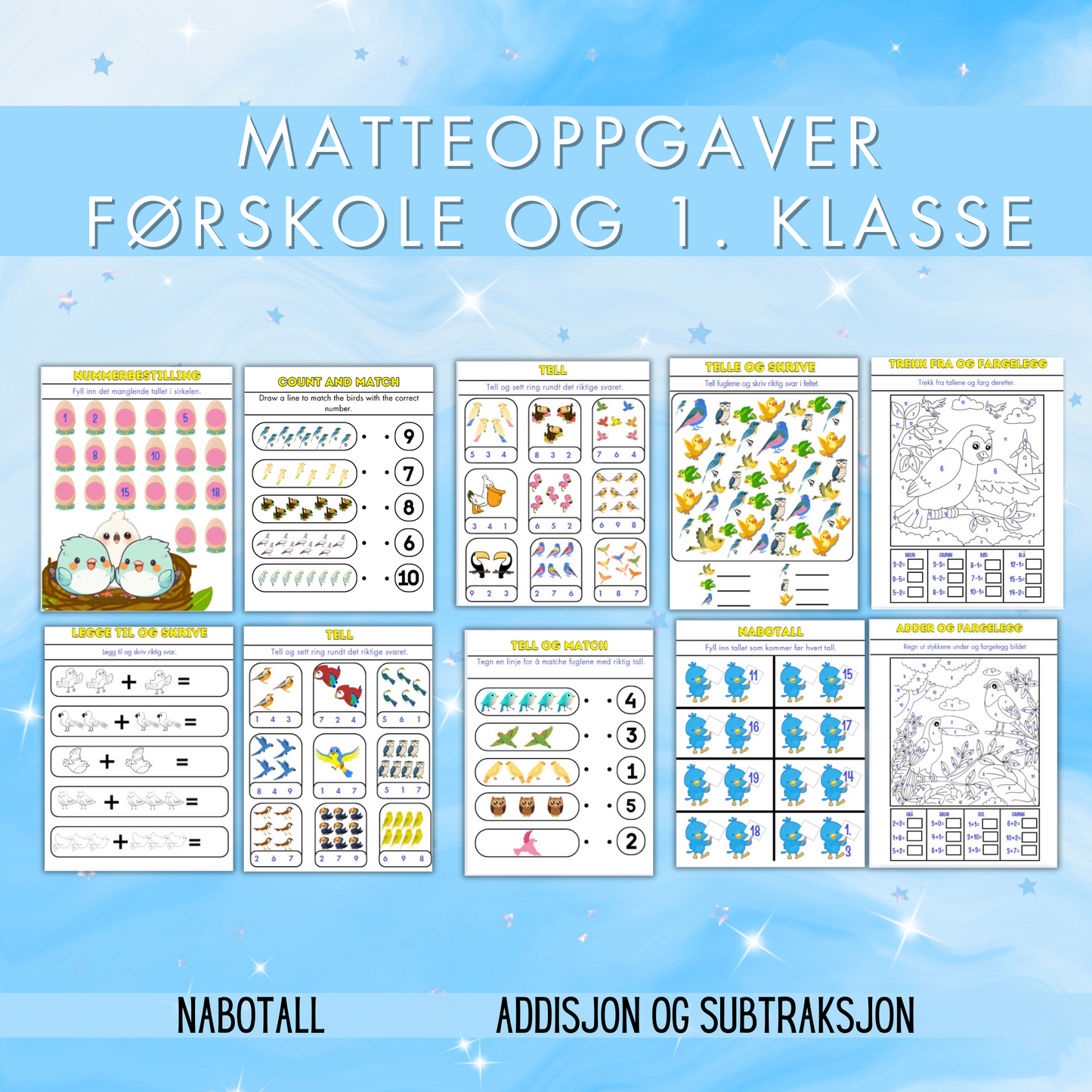 Oppgaveside der barna skal telle antall fugler og finne riktig tall.