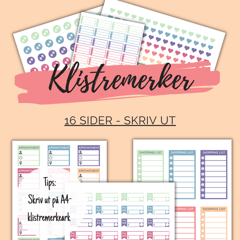 klistremerker, 16 sider, med deler av sidene