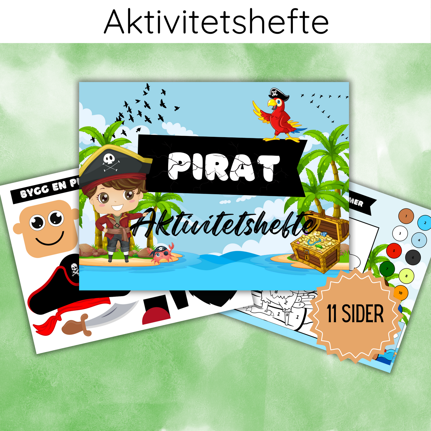 Forsiden av 'Pirat-aktivitetshefte med klipp og lim' med fargerike illustrasjoner av pirater og skatter.