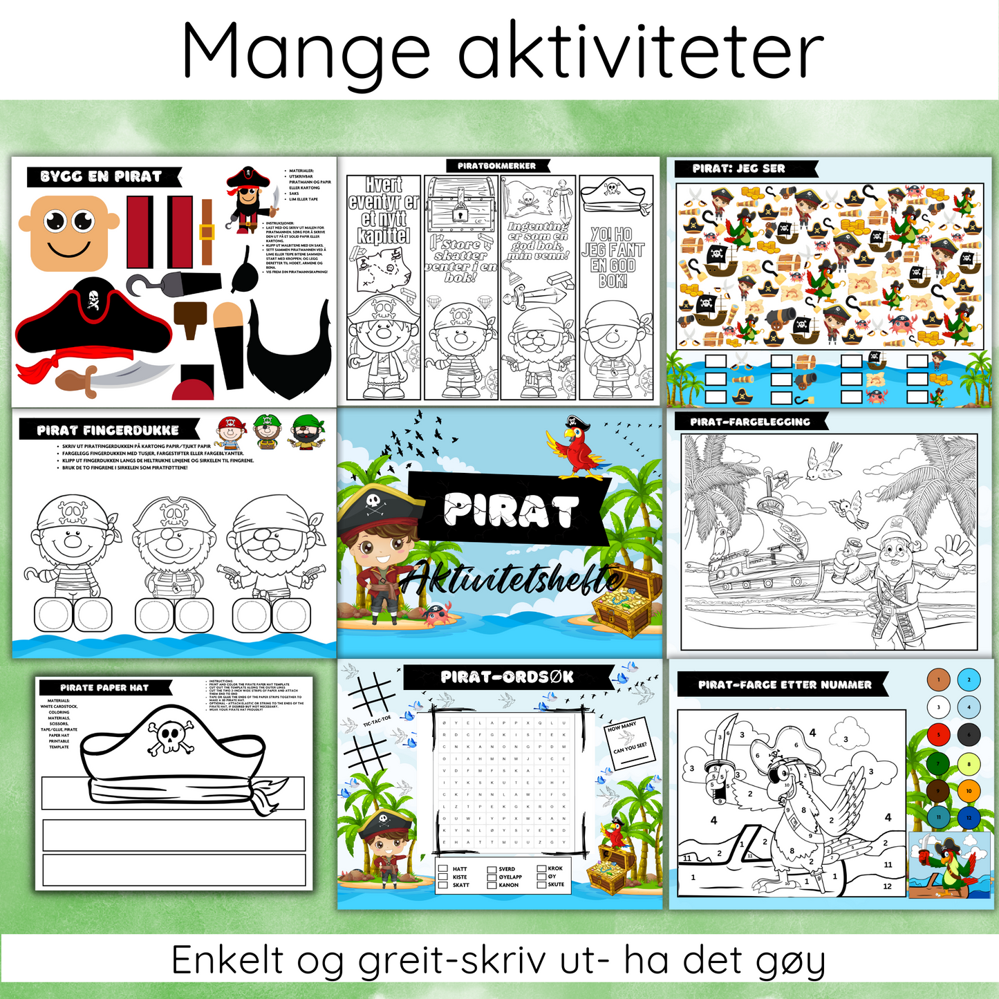 Eksempelside fra aktivitetsheftet som viser klipp-og-lim-oppgave med piratfigur.